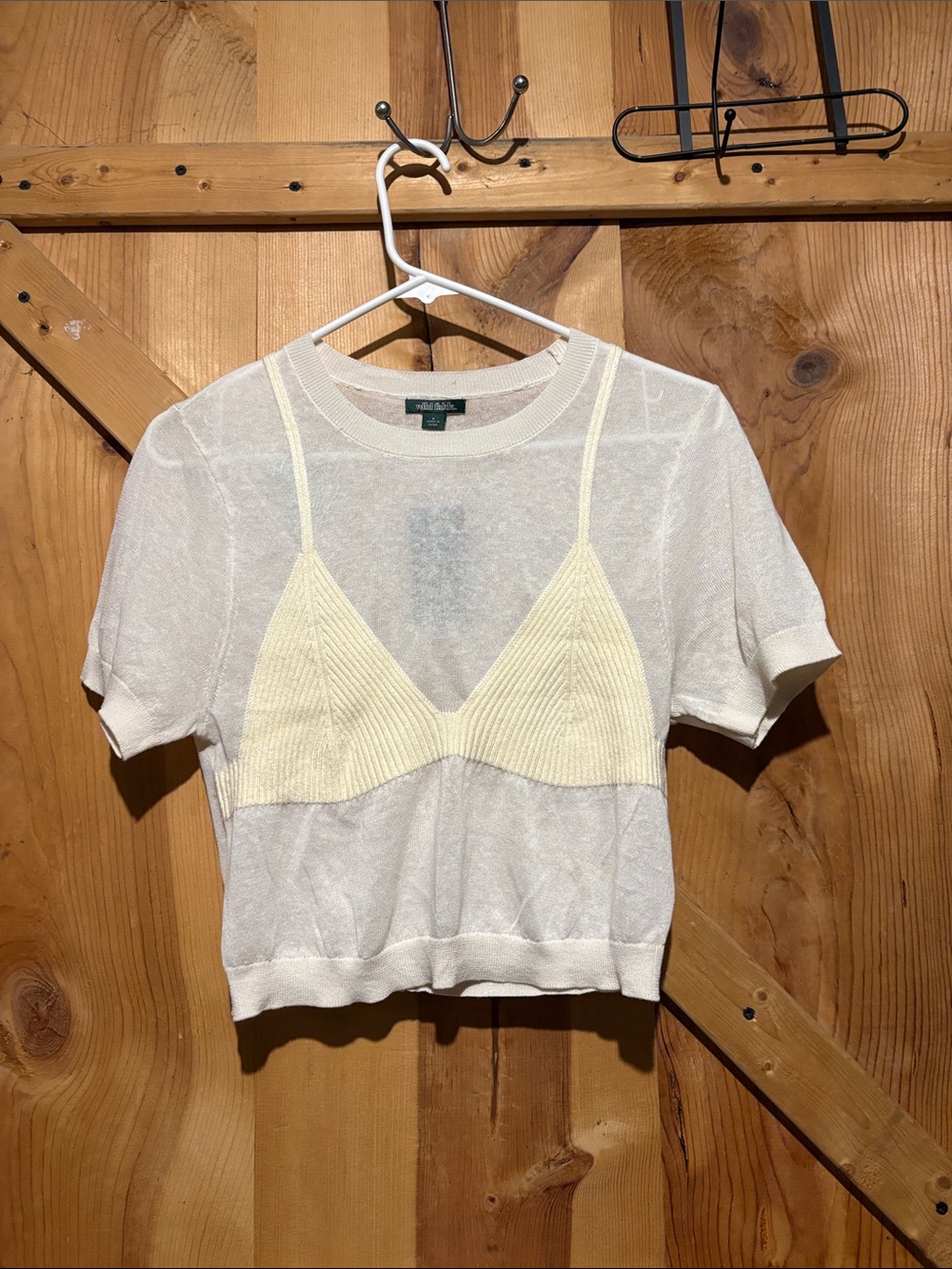 Wild fable Cream Sheer Short-Sleeve Crop Top with Bralette Overlay